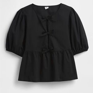 NWT GAP Poplin Puff Sleeve Blouse XL Black Cotton Peplum Top